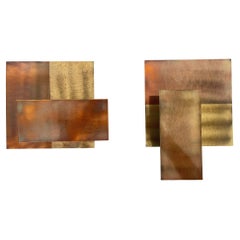 Set of Two Geometric Brass Wall Candle Holders and Wall Geometric Relief, 1970s