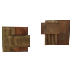 Set of Two Geometric Brass Wall Candle Holders and Wall Geometric Relief, 1970s