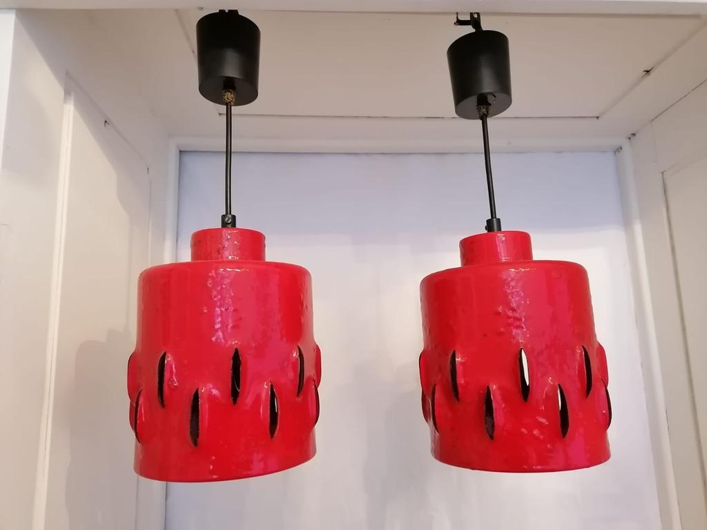 Set of two ceramic lamps with red enamel. Made in Germanty in the 1970s.