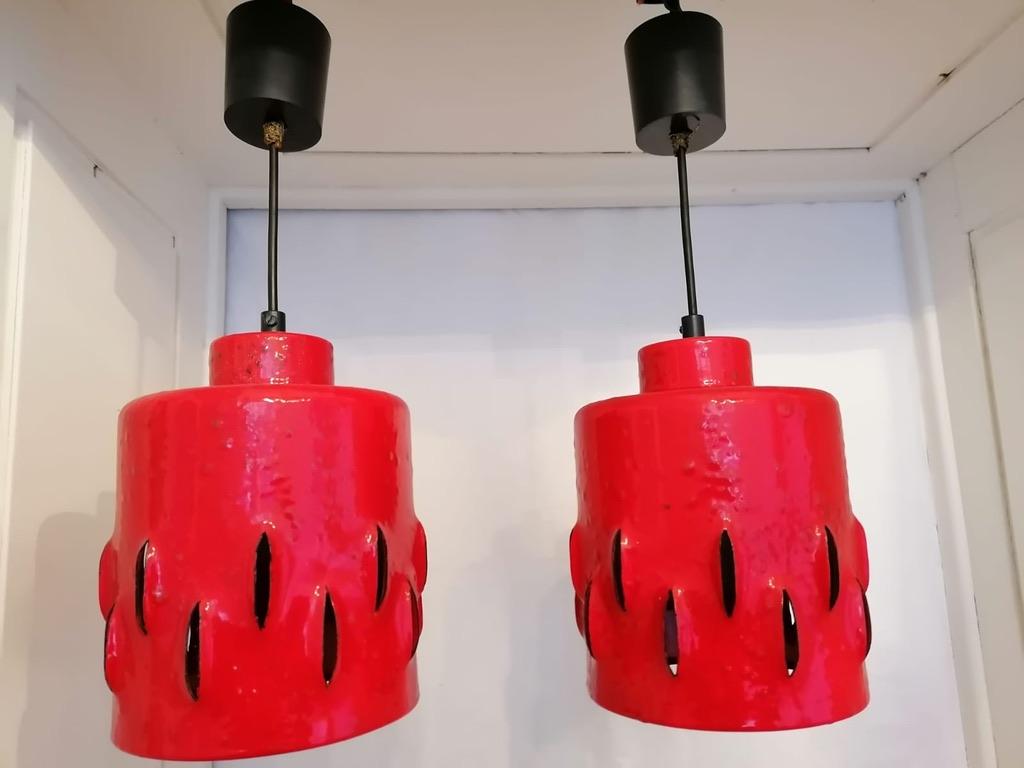 Late 20th Century Set of Two German Brutalist Red Ceramic Pendant Lamps For Sale