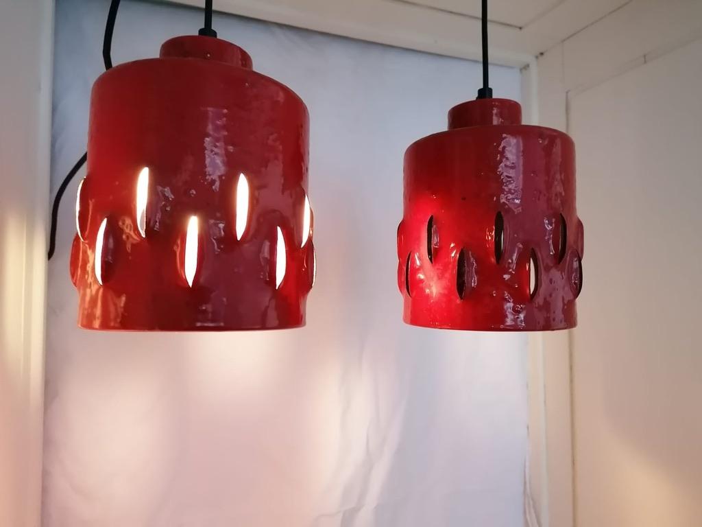 Set of Two German Brutalist Red Ceramic Pendant Lamps For Sale 2