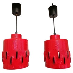 Set of Two German Brutalist Red Ceramic Pendant Lamps