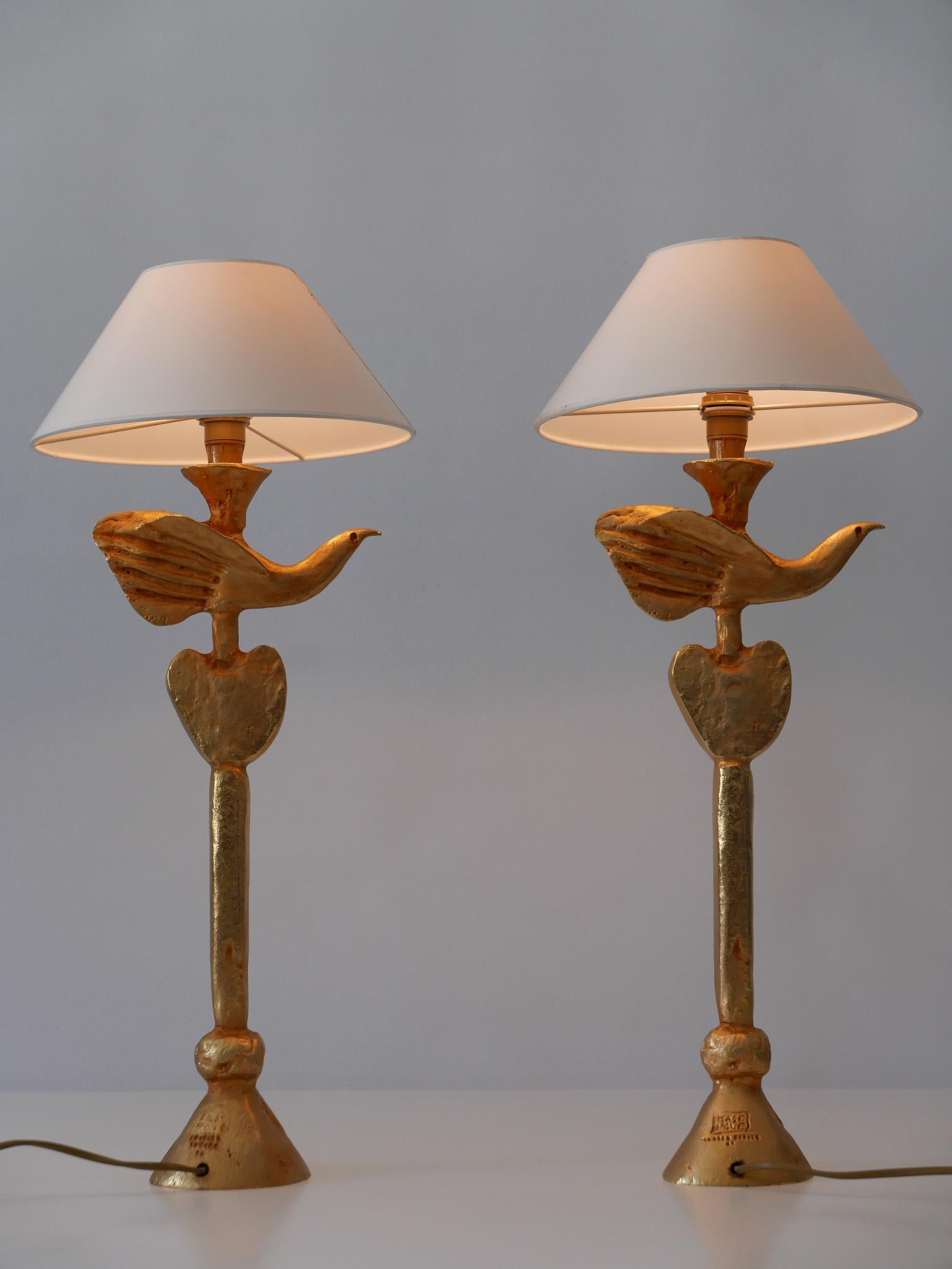 French Set of Two Gilt Bronze Dove Table Lamps by Pierre Casenove for Fondica France