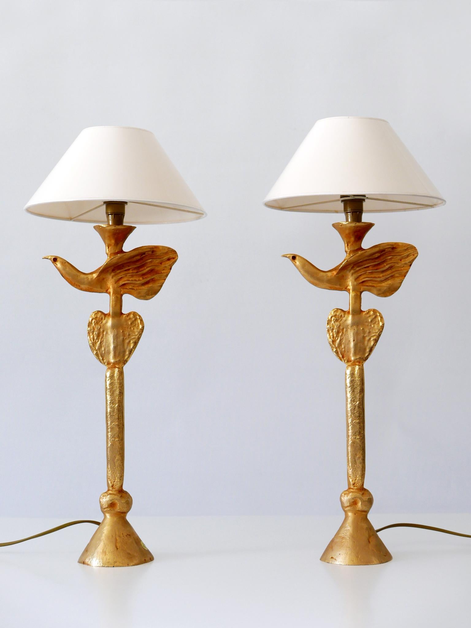 Late 20th Century Set of Two Gilt Bronze Dove Table Lamps by Pierre Casenove for Fondica France