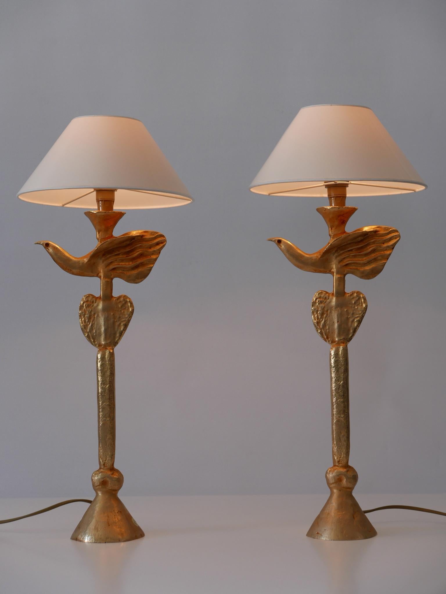 Set of Two Gilt Bronze Dove Table Lamps by Pierre Casenove for Fondica France 1