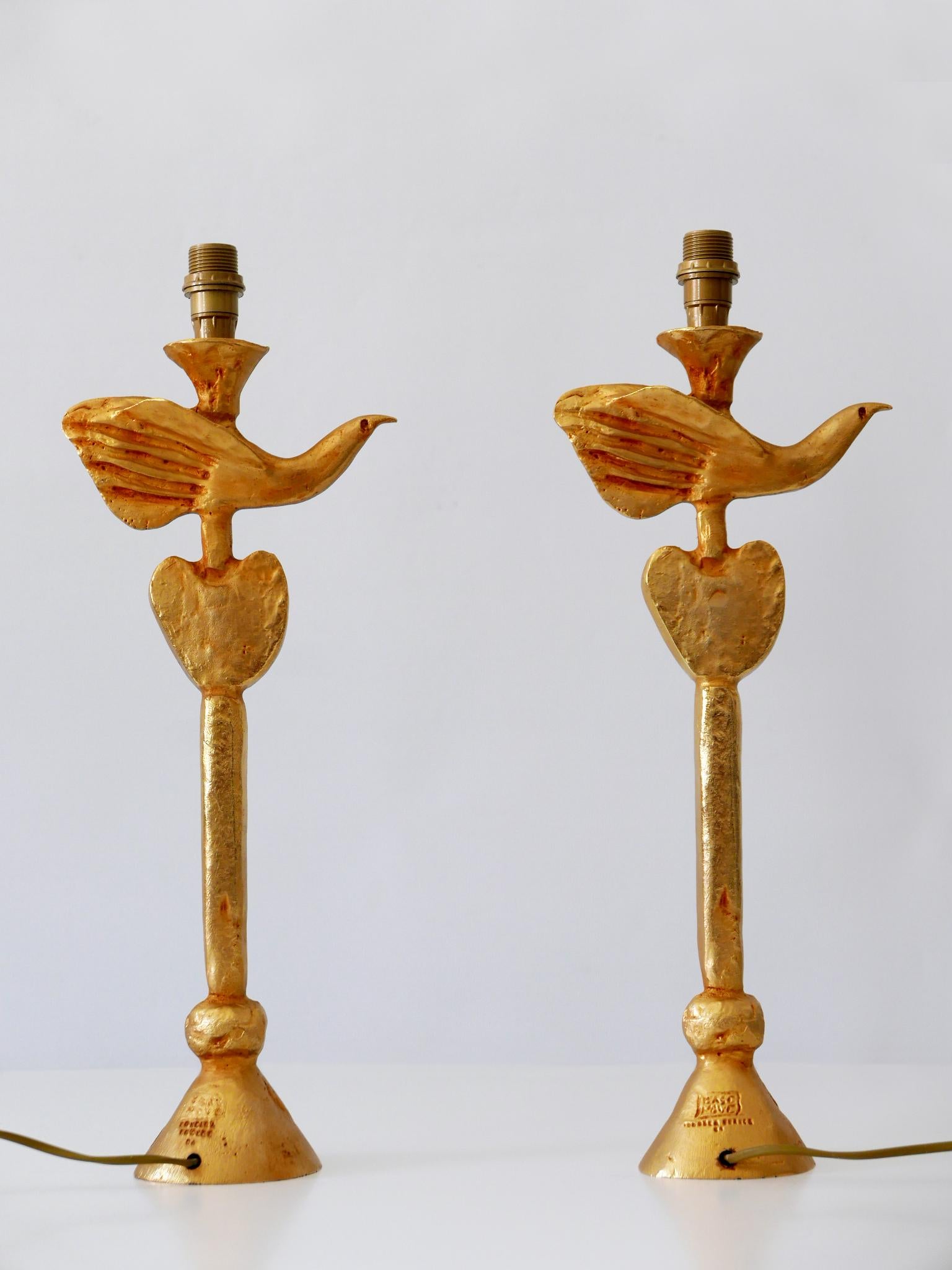 Set of Two Gilt Bronze Dove Table Lamps by Pierre Casenove for Fondica France 3