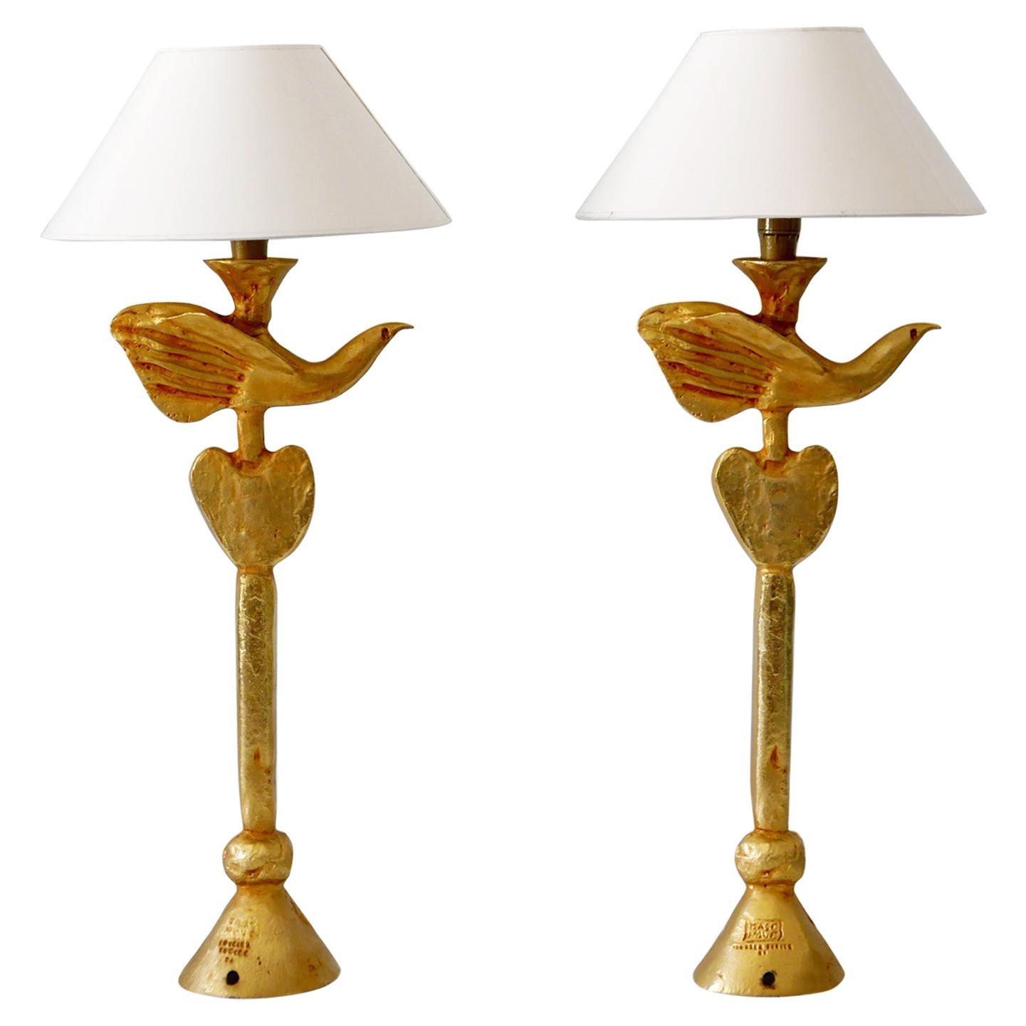 Set of Two Gilt Bronze Dove Table Lamps by Pierre Casenove for Fondica France