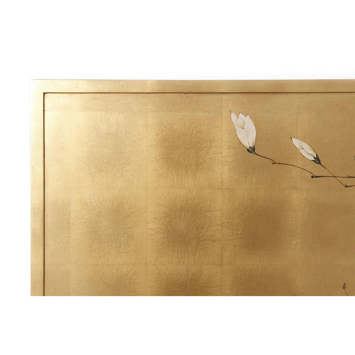 A set of two Japanese paintings, each with a hand gilt background depicting a Japanese Magnolia painted sans traverse across the two panels. The originals Japanese, circa 1900.

Dimensions: 56.25