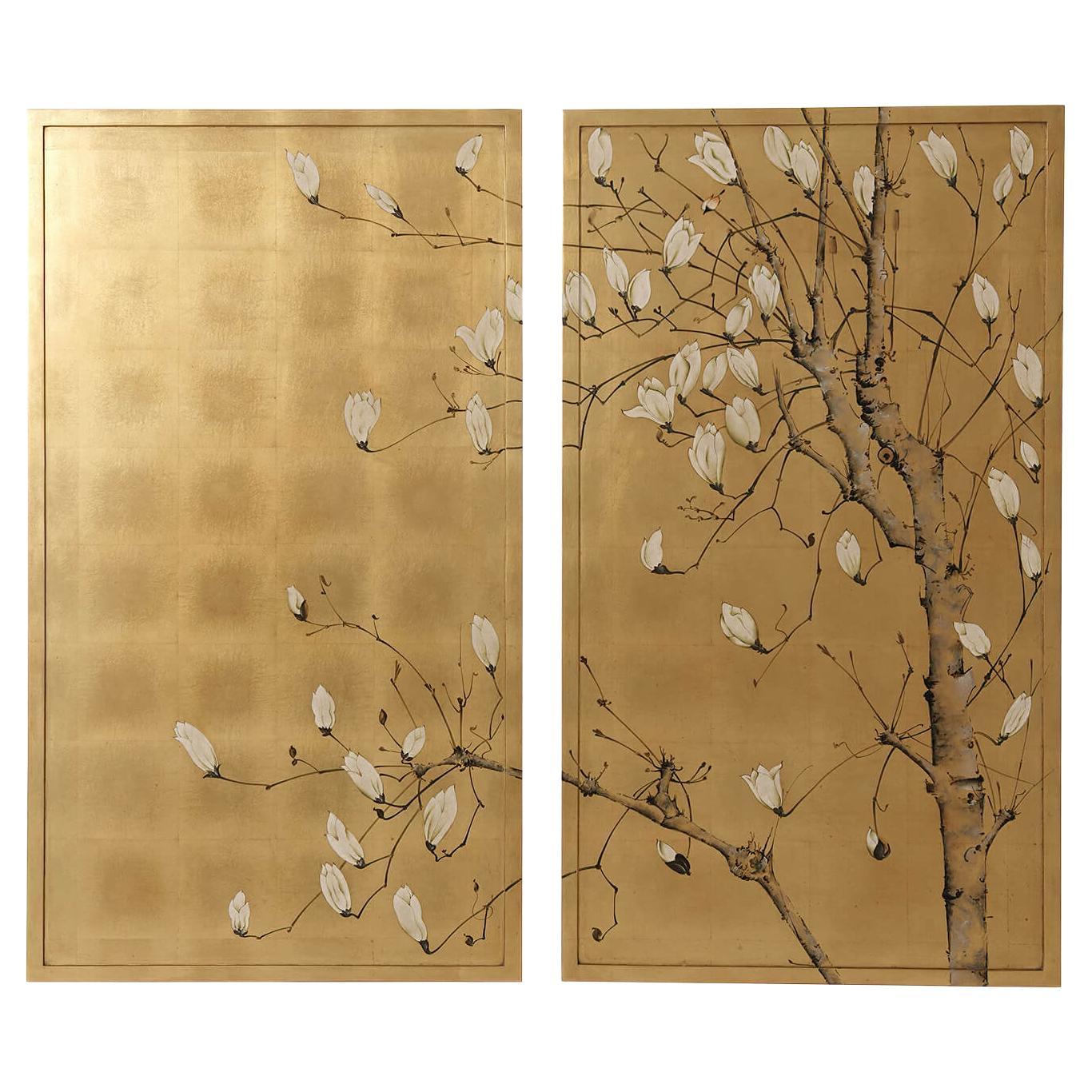Set of Two Gilt Japanese Paintings For Sale