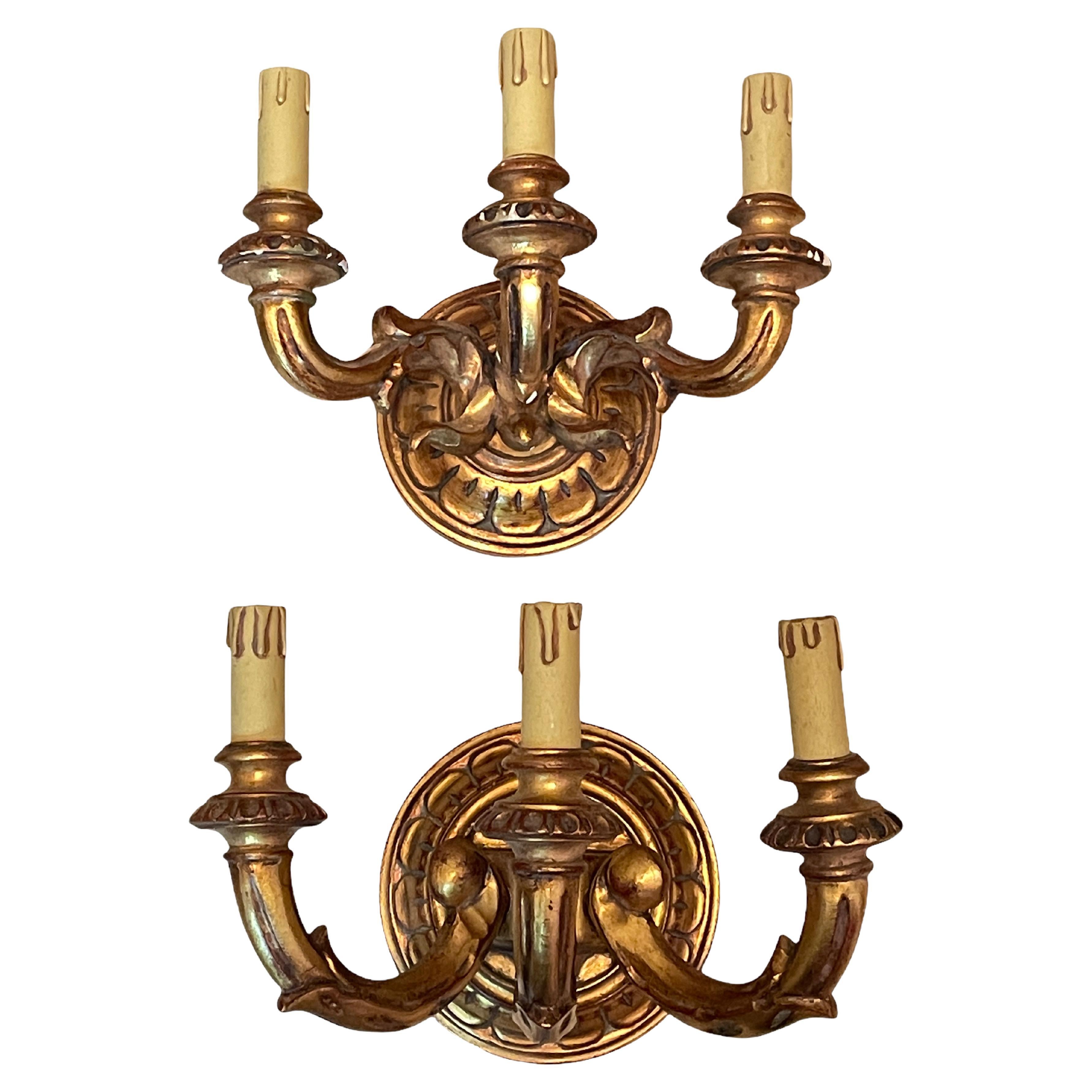 Set of Two Gilt Wood Neoclassical Tole Style Sconces, Italy, 1960s For Sale
