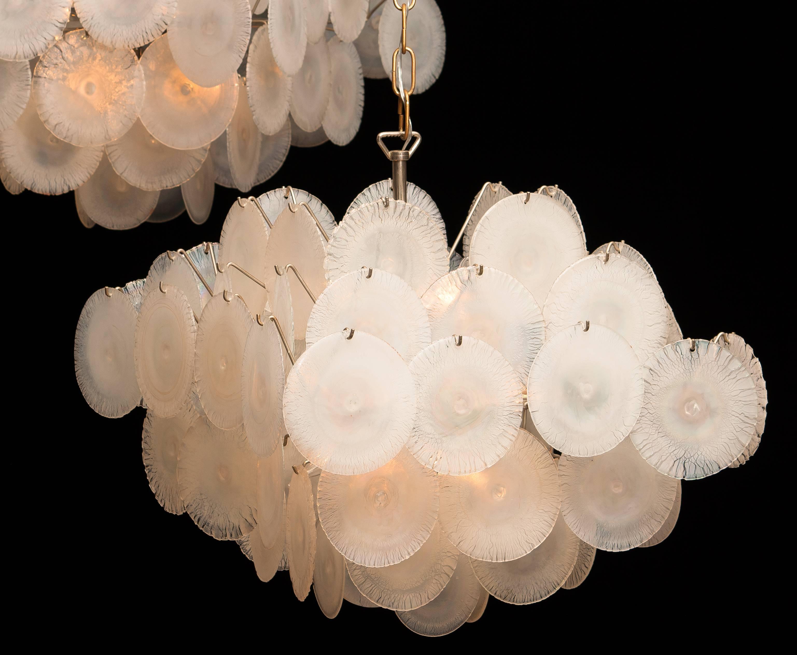 Italian Set of Two Gino Vistosi Chandeliers with White or Pearl Murano Crystal Discs