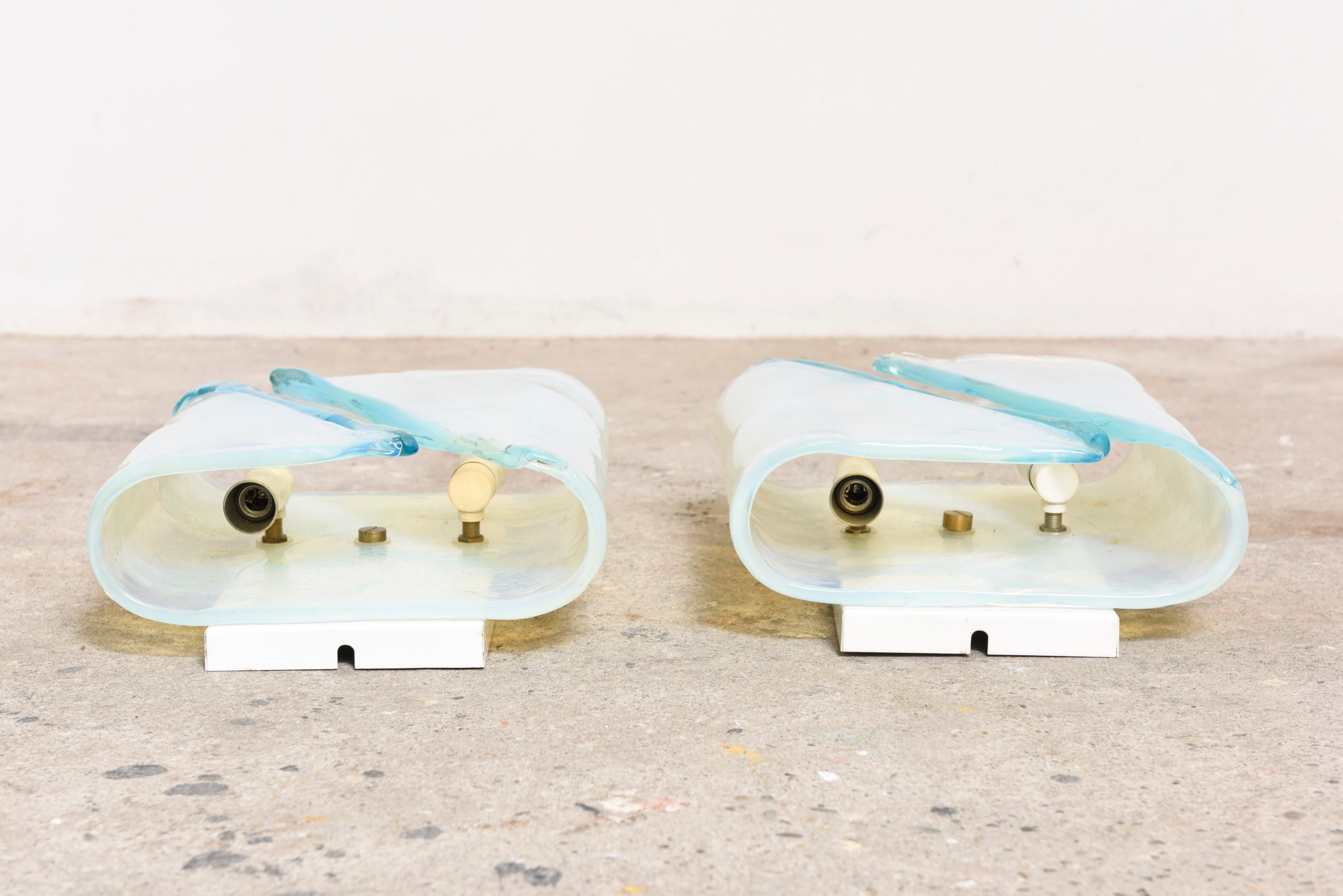 Mid-Century Modern Set of Two Glass Blue and White Opalescent Sconces by Mazzega, Italy 1960s For Sale