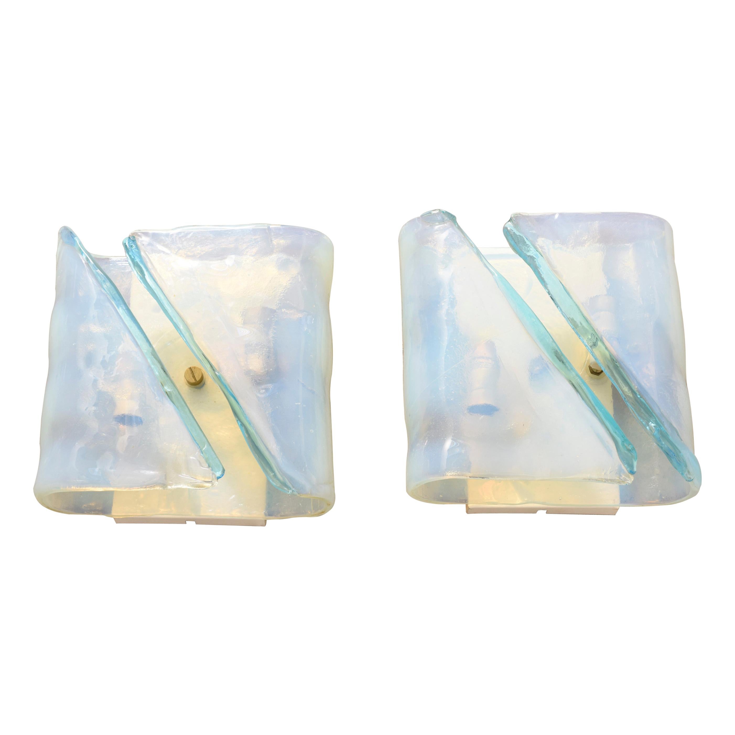 Set of Two Glass Blue and White Opalescent Sconces by Mazzega, Italy 1960s For Sale