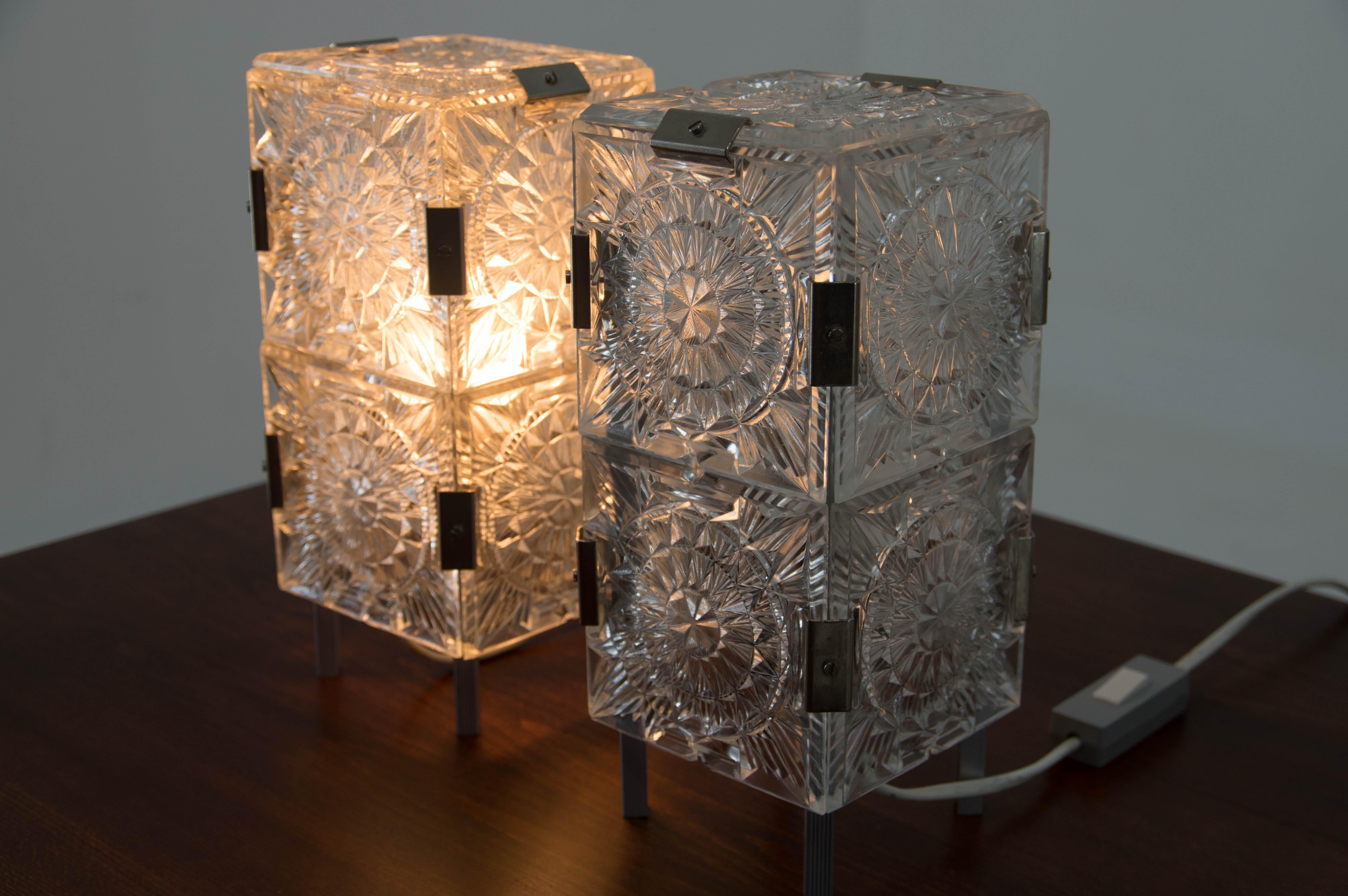 Czech Set of Two Glass Table Lamps by Kamenicky Senov, 1970s For Sale