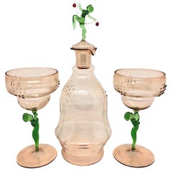 Set of Two Glasses and Decanter Bimini Style Art Glass, Vintage Austria