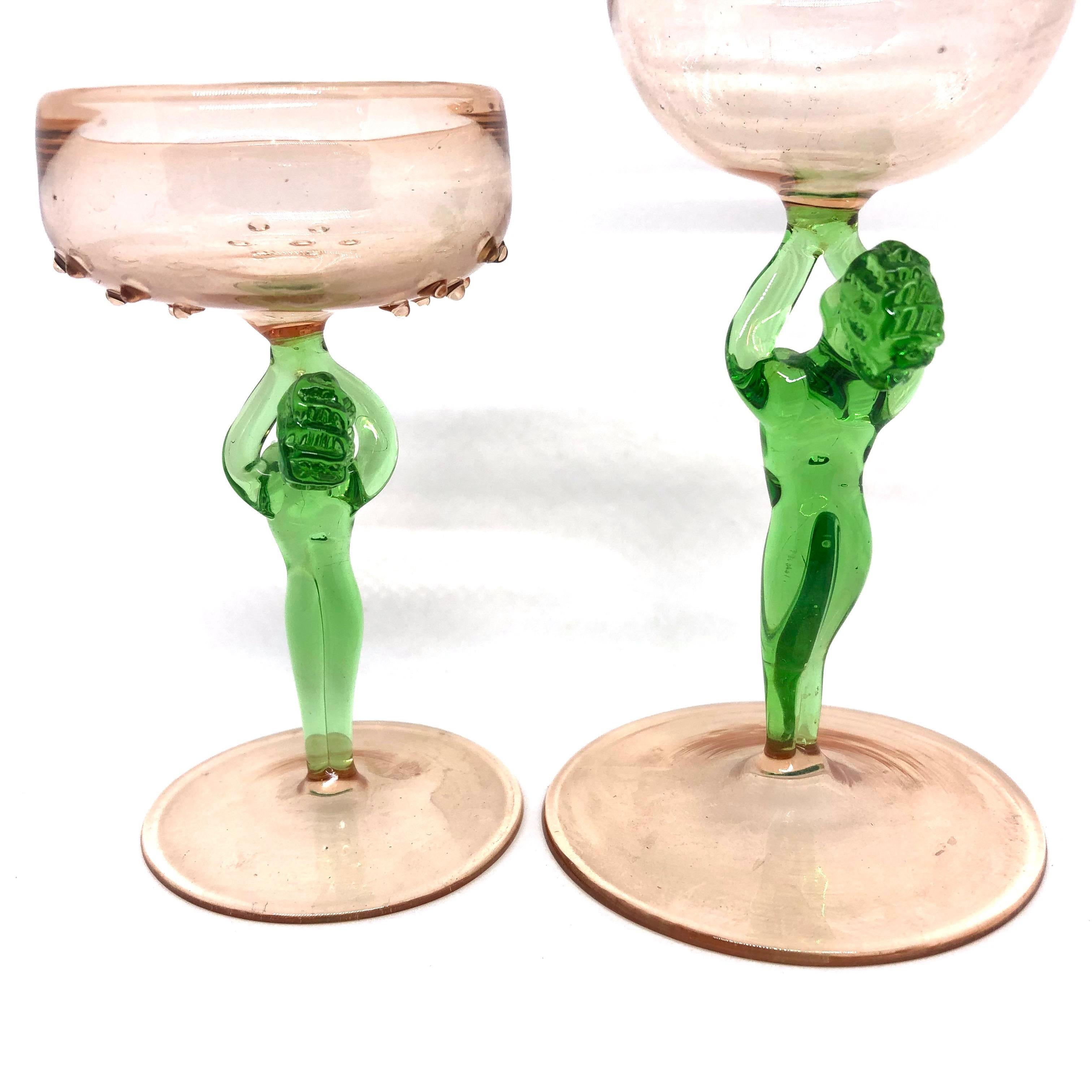 Art Deco Set of Two Glasses Nude Lady Stem, Bimini Style Art Glass, Vintage Austria