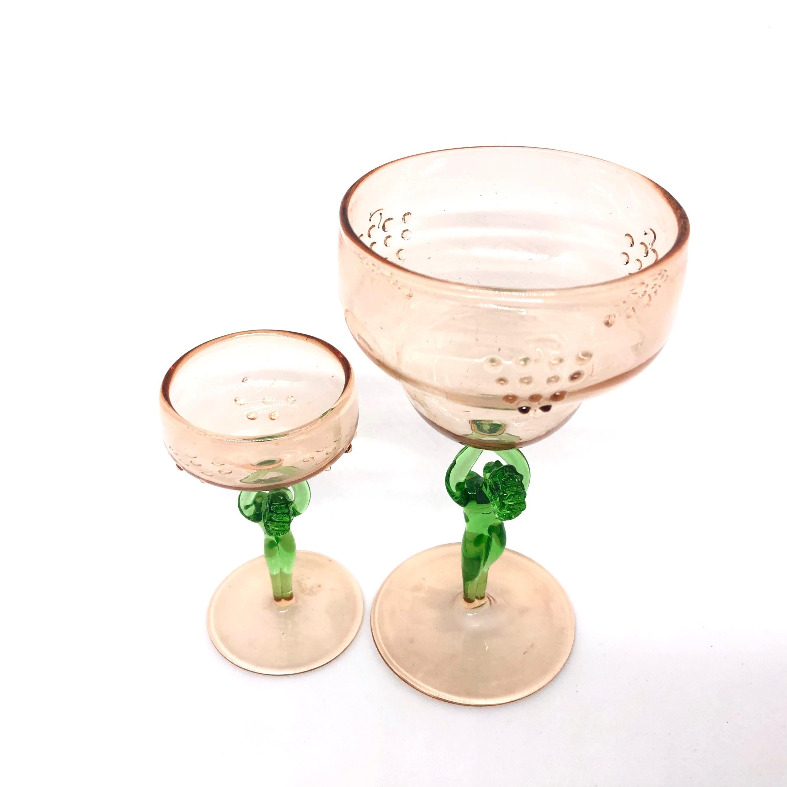 German Set of Two Glasses Nude Lady Stem, Bimini Style Art Glass, Vintage Austria