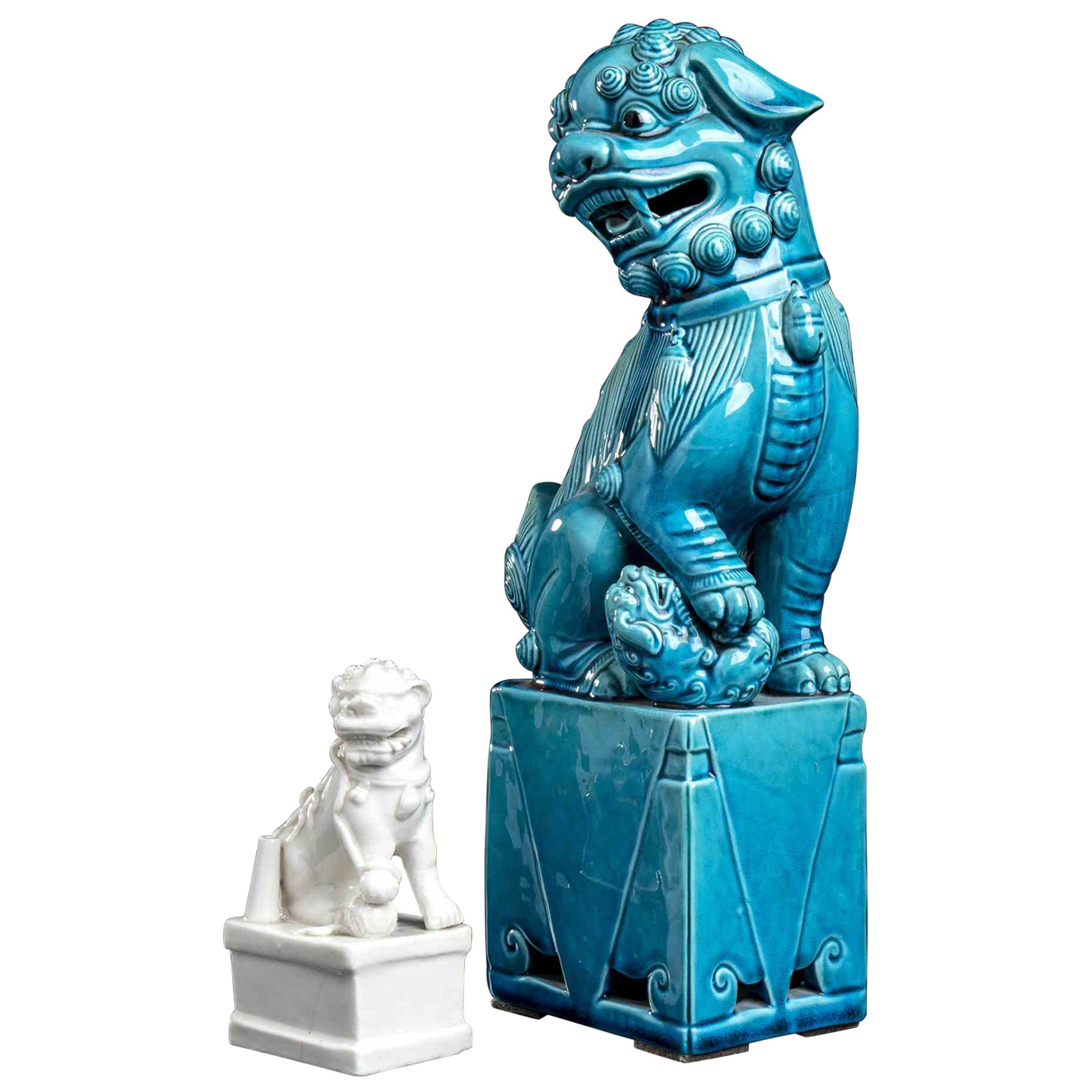 Set of Two Glazed Porcelain Buddhist Lions, China, Mid-20th Century