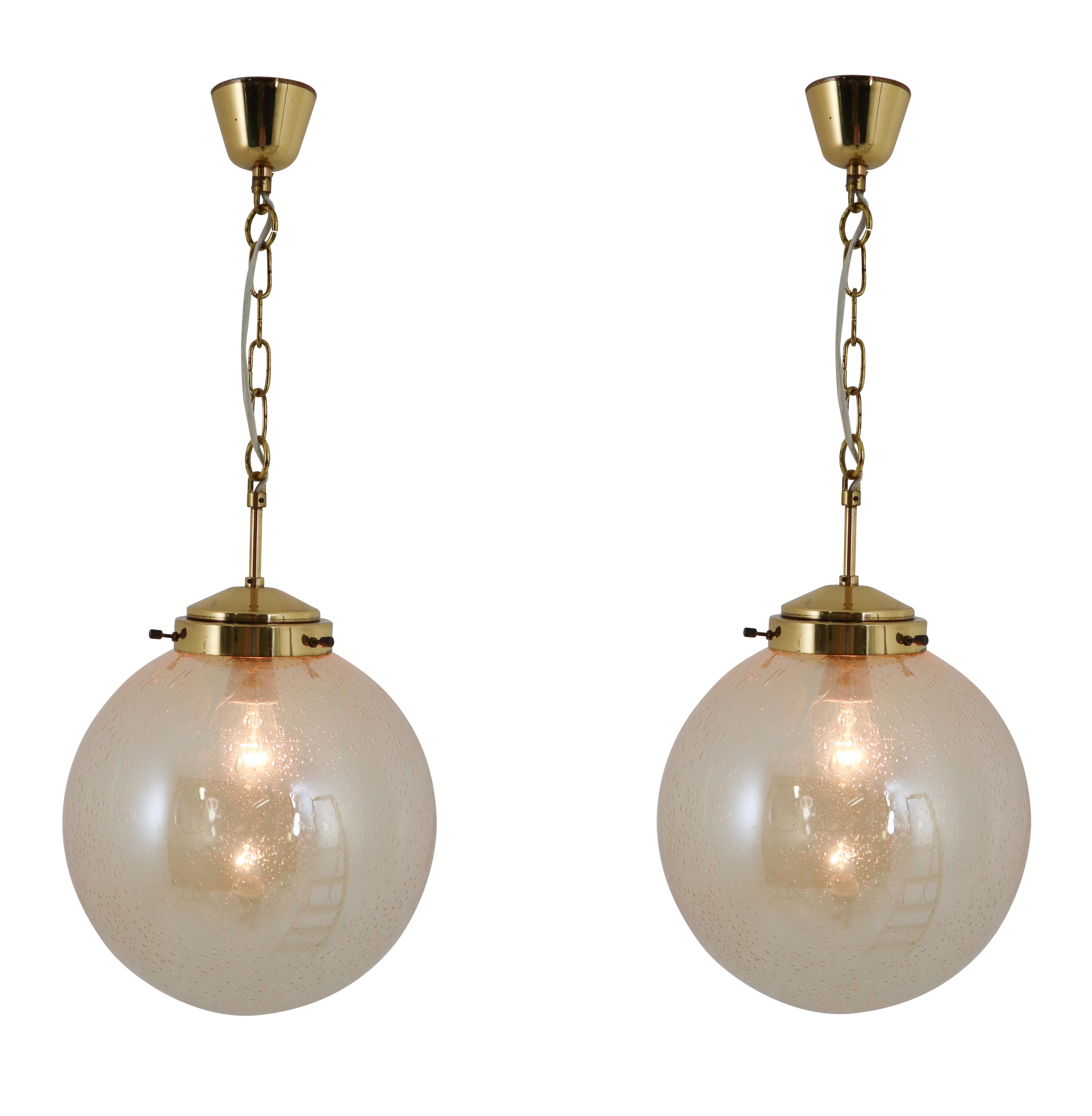 Set of Two Globe Pendant Lights, Brass and Smoked Glass, 1970s