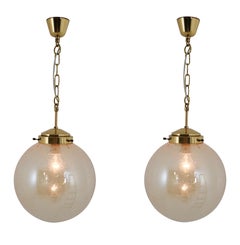 Vintage Set of Two Globe Pendant Lights, Brass and Smoked Glass, 1970s