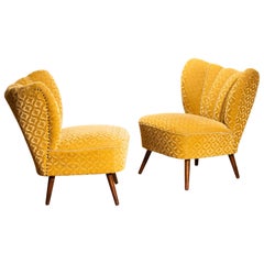 Set of Two Golden Velvet Jacquard Swedish Cocktail Chairs or Easy Chairs, 1930