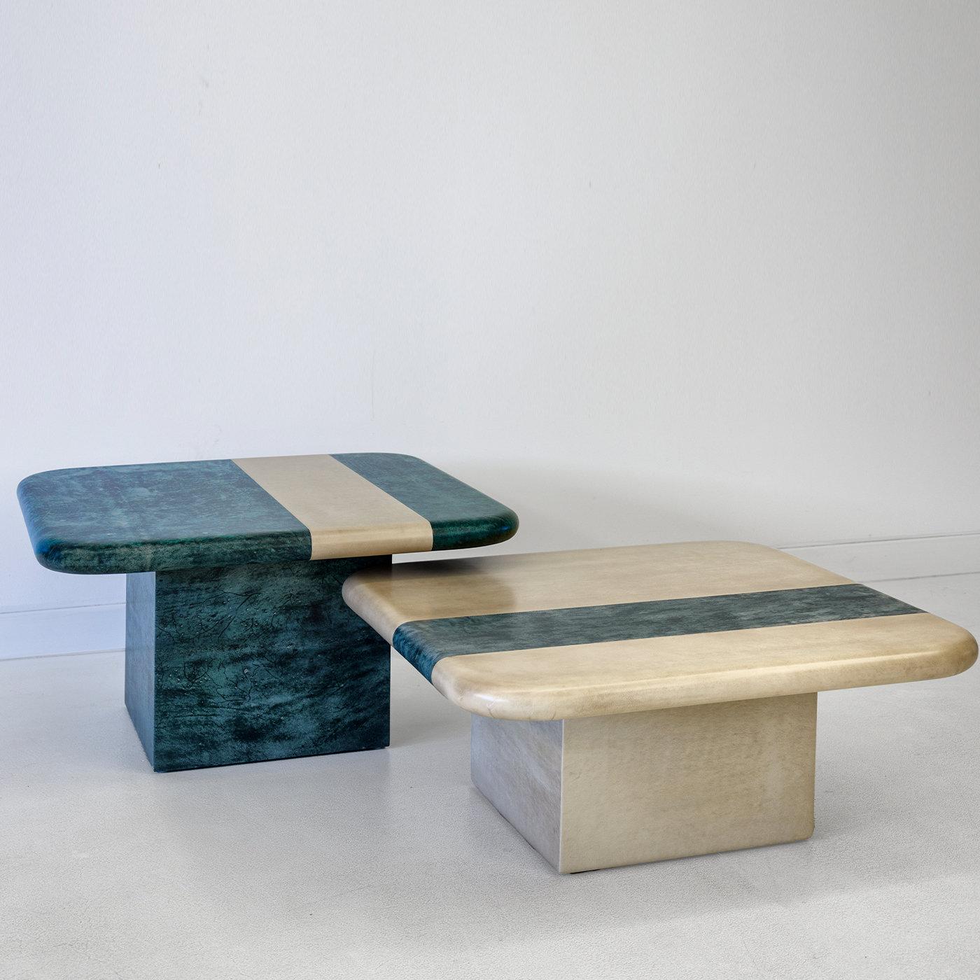 Contemporary Set of Two Green and Sand Nesting Tables For Sale