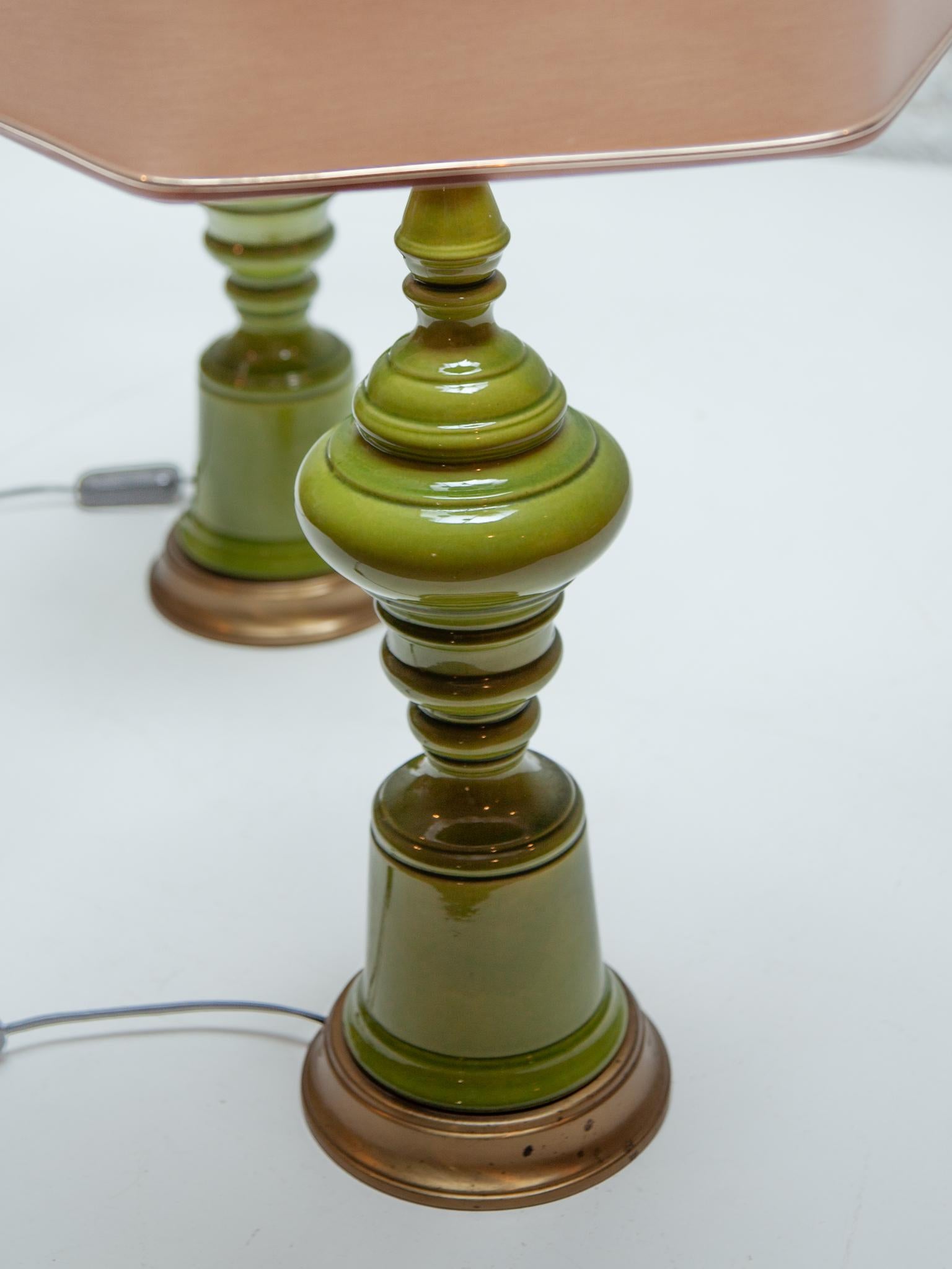Set of two Green Ceramic Table lamps attributed to Poul Eliasen, 1960s For Sale 4
