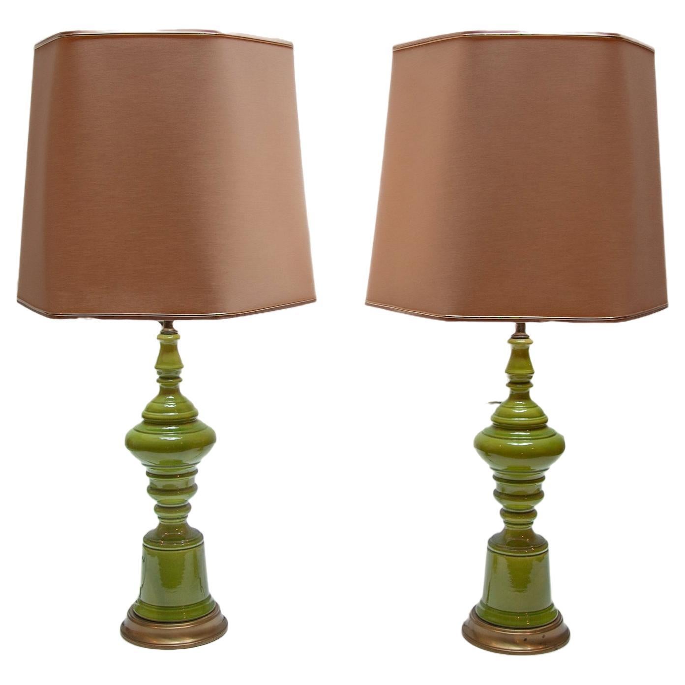 Set of two Green Ceramic Table lamps attributed to Poul Eliasen, 1960s For Sale