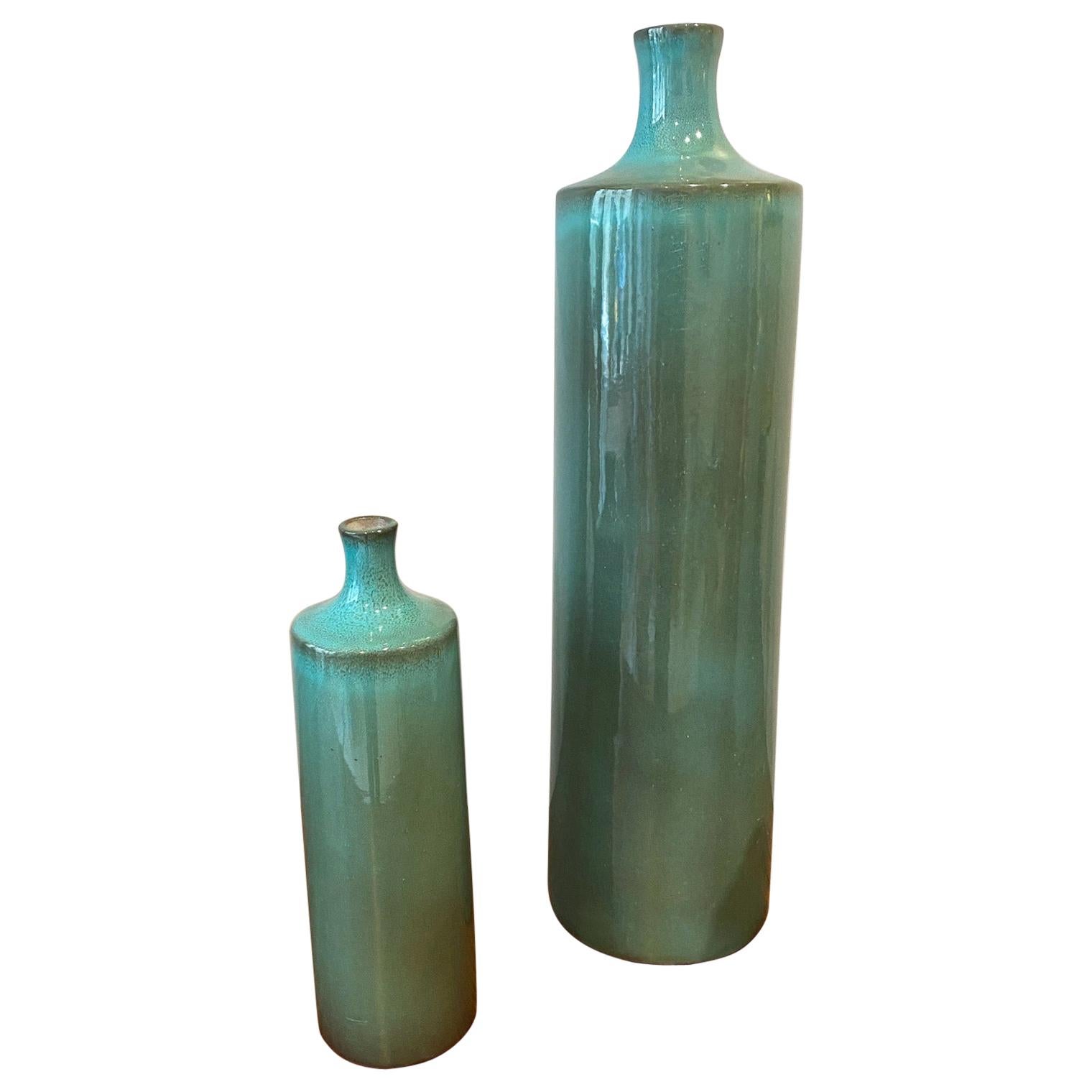 Set of Two Green Ceramic Vases Signed by Ruelland