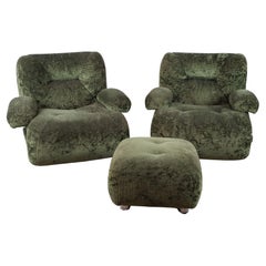 Set of Two Green Chenille Armchairs with Pouf, 1970, Italy