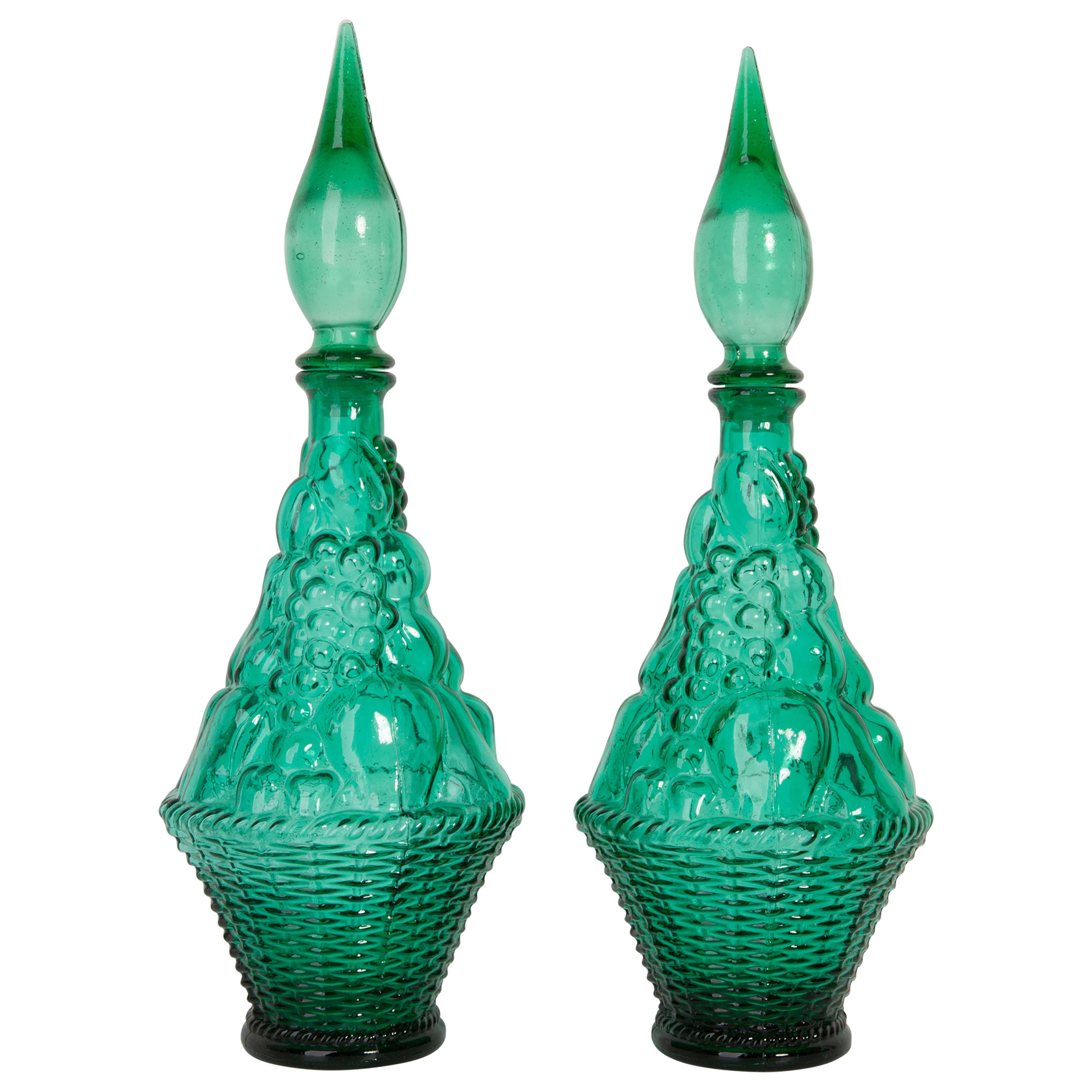 Set of Two Green Glass Genie Decanters with Stoppers, 20th Century, Italy, 1960s For Sale
