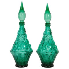 Antique Set of Two Green Glass Genie Decanters with Stoppers, 20th Century, Italy, 1960s