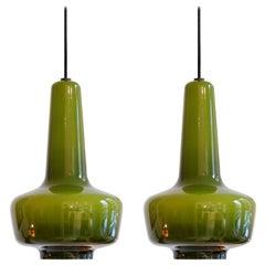 Set of Two Green Kreta Pendants by Jacob Bang for Fog & Mørup Holmegaard Denmark