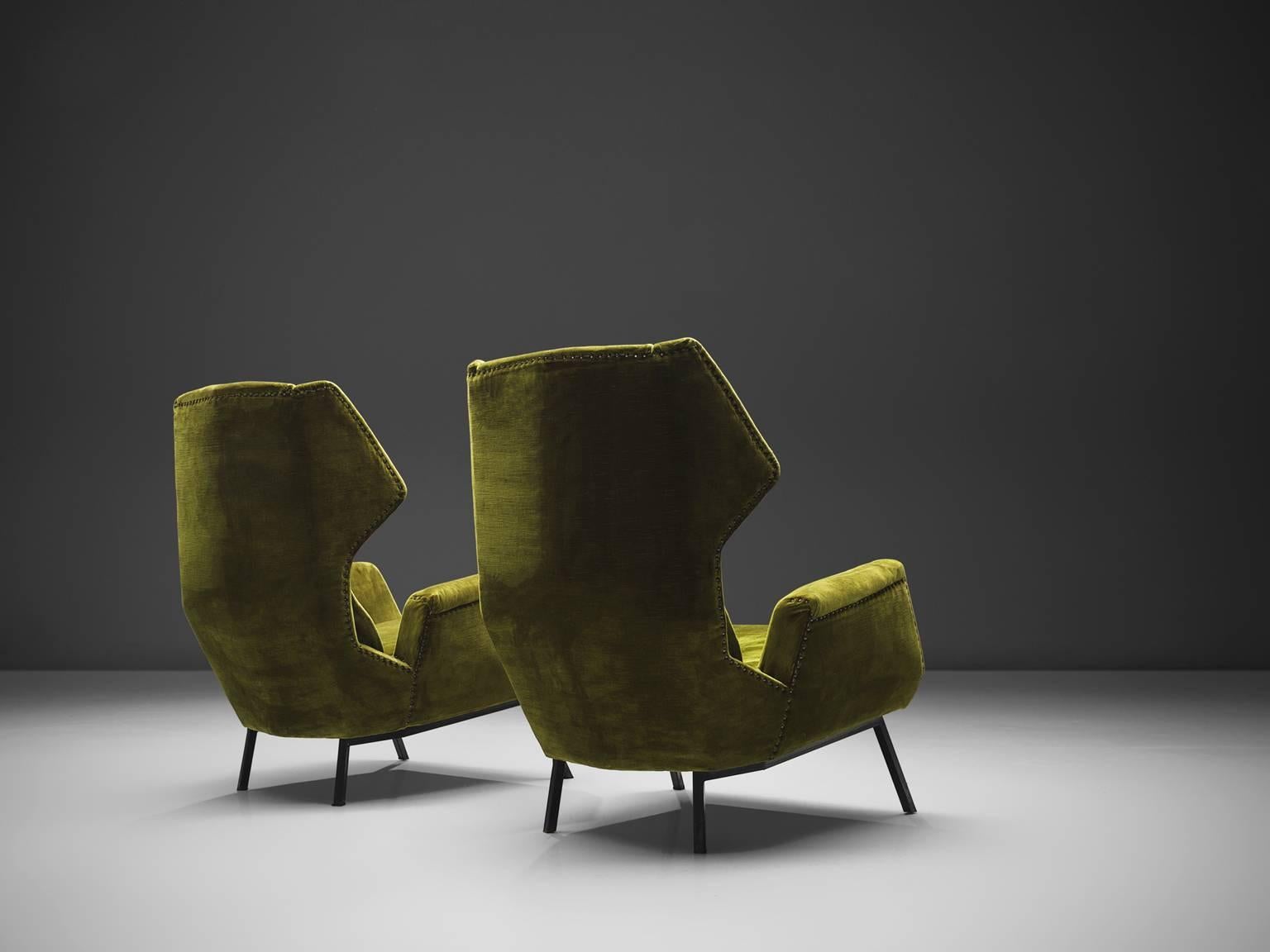 Mid-Century Modern Set of Two Green Velvet Easy Wingback Chairs