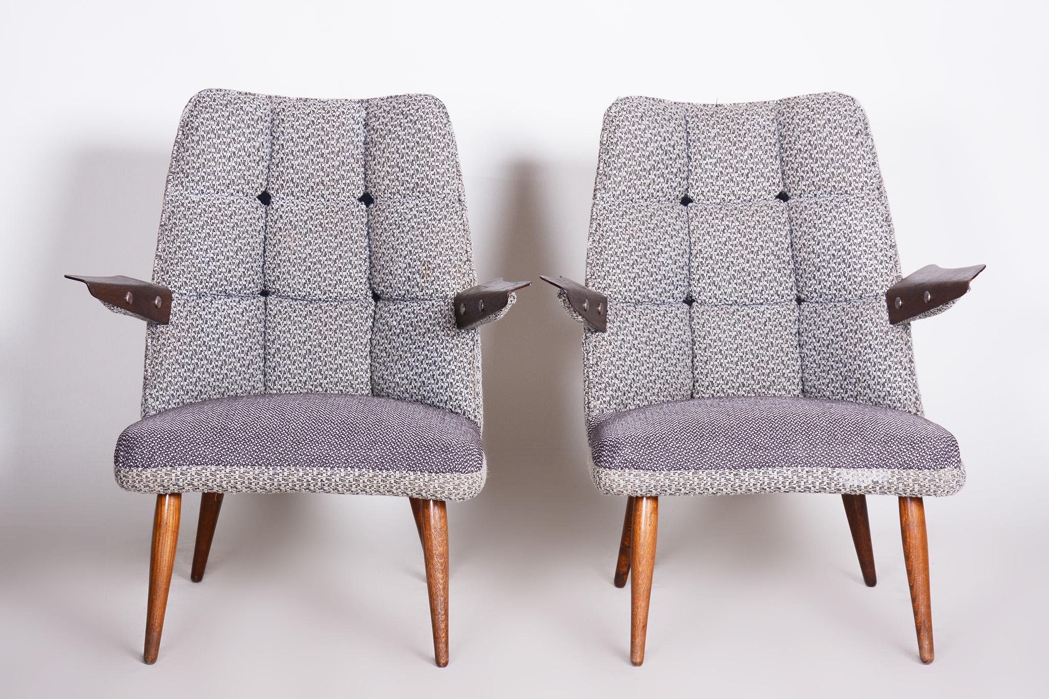 Fabric Set of Two Grey Mid Century Armchairs Made in 1950s Czechia, Original Condition For Sale