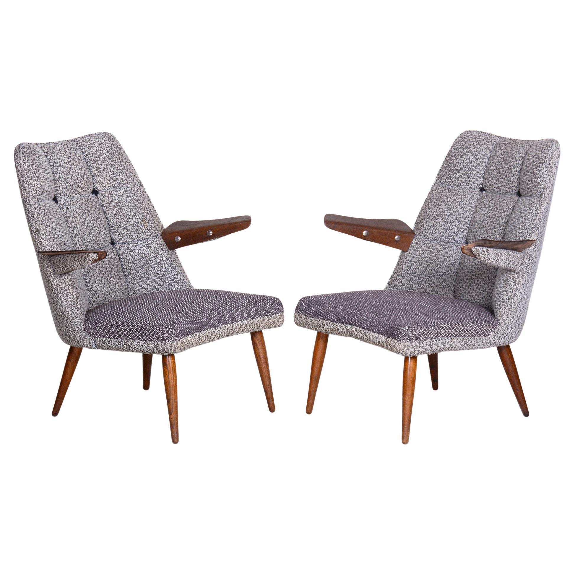 Set of Two Grey Mid Century Armchairs Made in 1950s Czechia, Original Condition For Sale