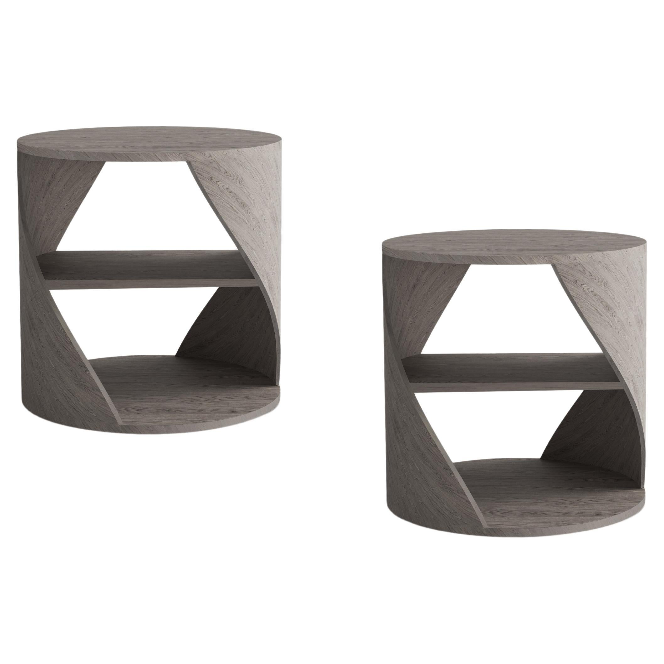 Set of Two MYDNA Side Table, Nightstand in Gray Oak Wood Finish by Joel Escalona