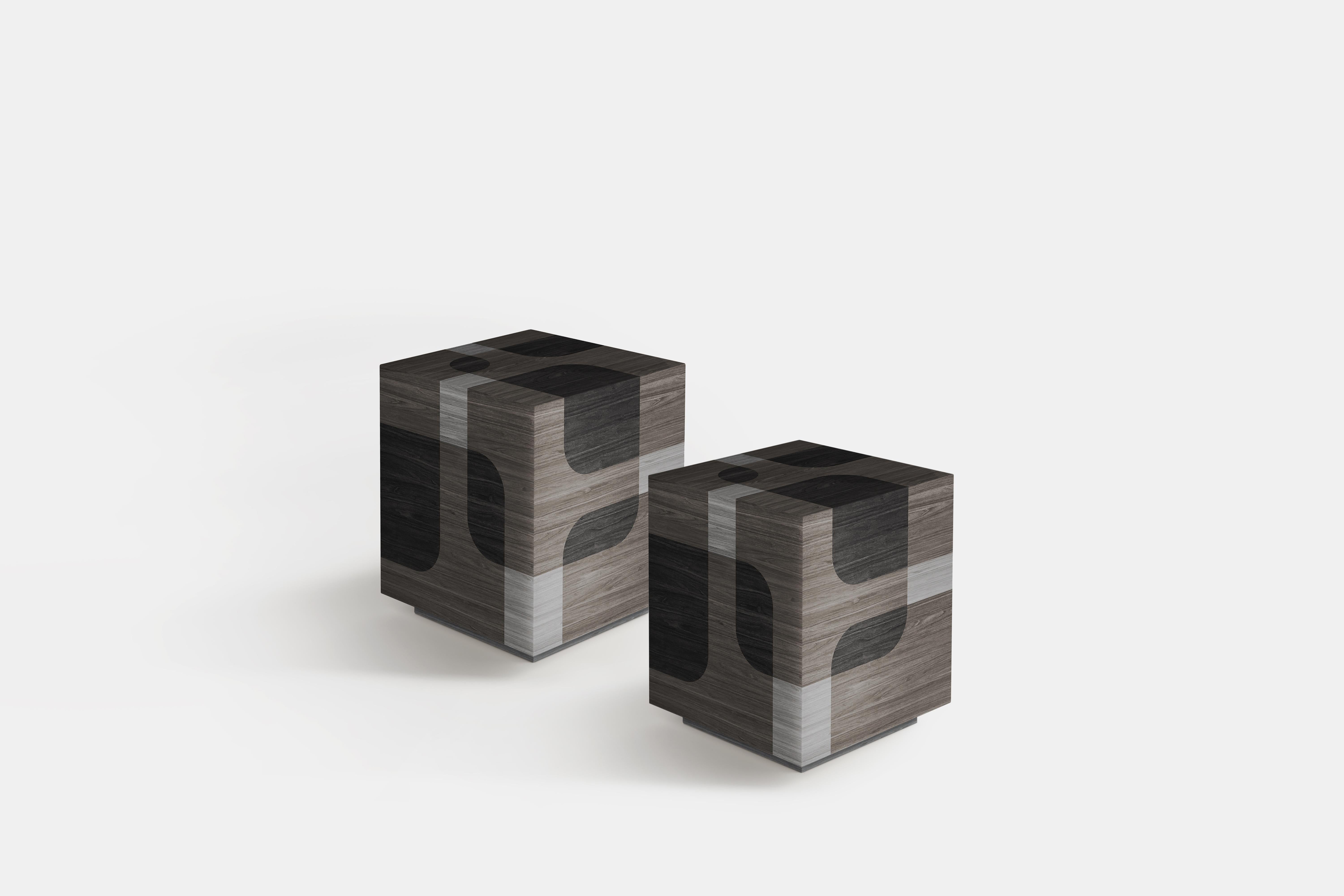 Mid-Century Modern Ensemble de 2 tables d'appoint Bodega Tables de nuit Marqueterie de Wood Wood noir par Joel Escalona en vente
