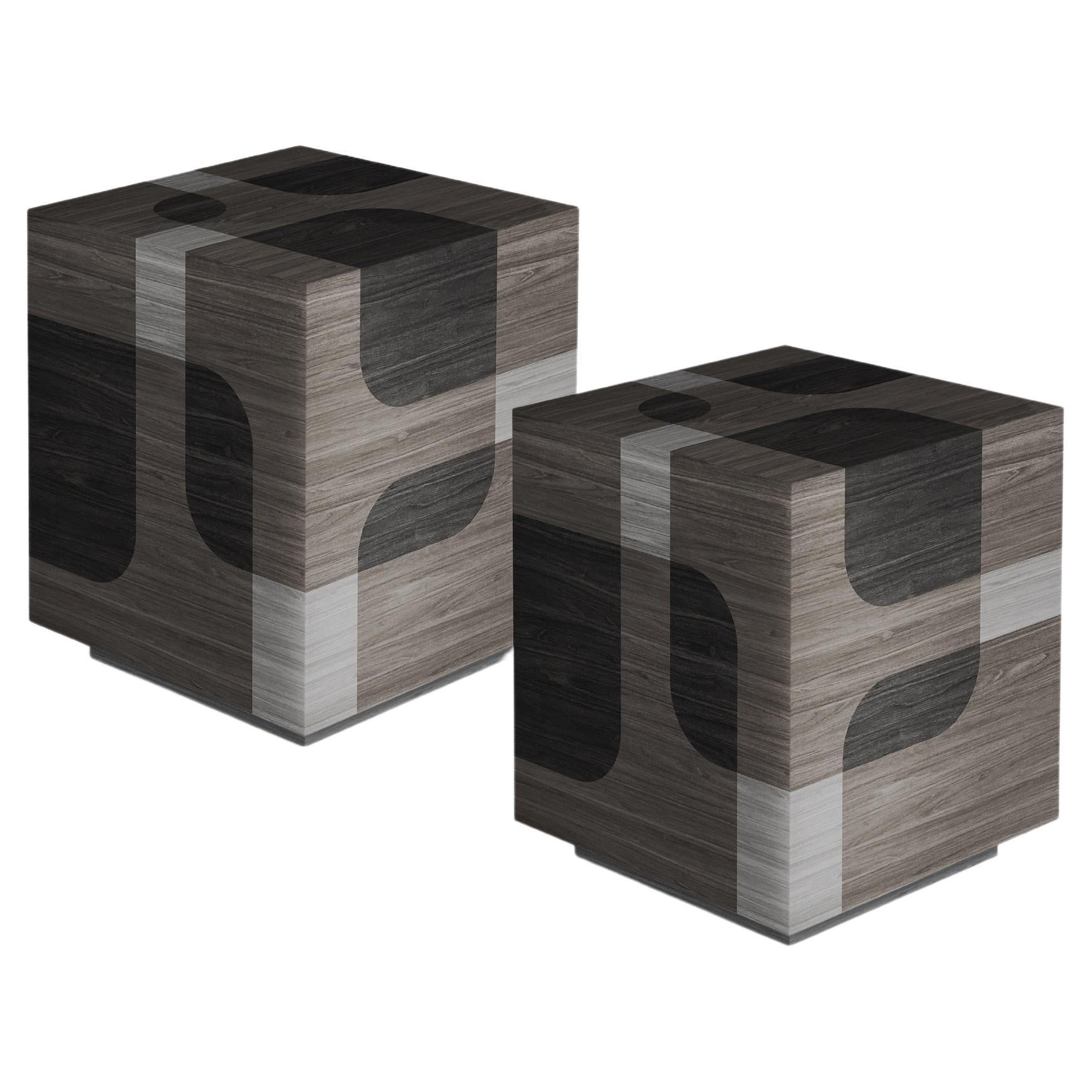 Set of 2 Bodega Side Tables Nightstands Black Wood Marquetry by Joel Escalona