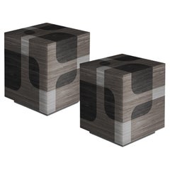 Set of 2 Bodega Side Tables Nightstands Black Wood Marquetry by Joel Escalona