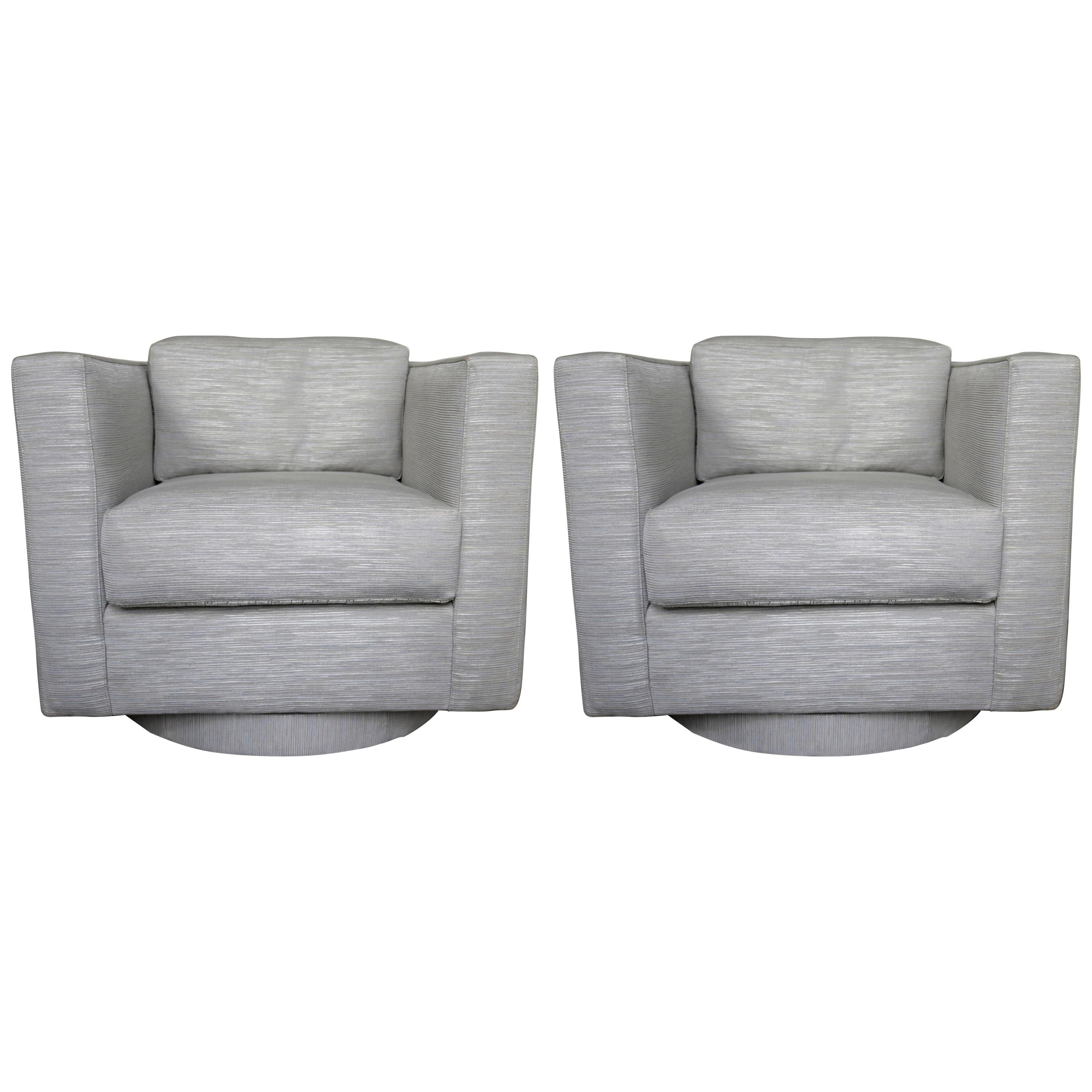 Set of Two Grey Upholstered Tuxedo Swivel Chairs by Harvey Probber