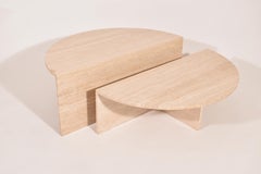 Set of Two Half Round Cream Travertine Coffee Tables by Up & Up, Italy, 1970