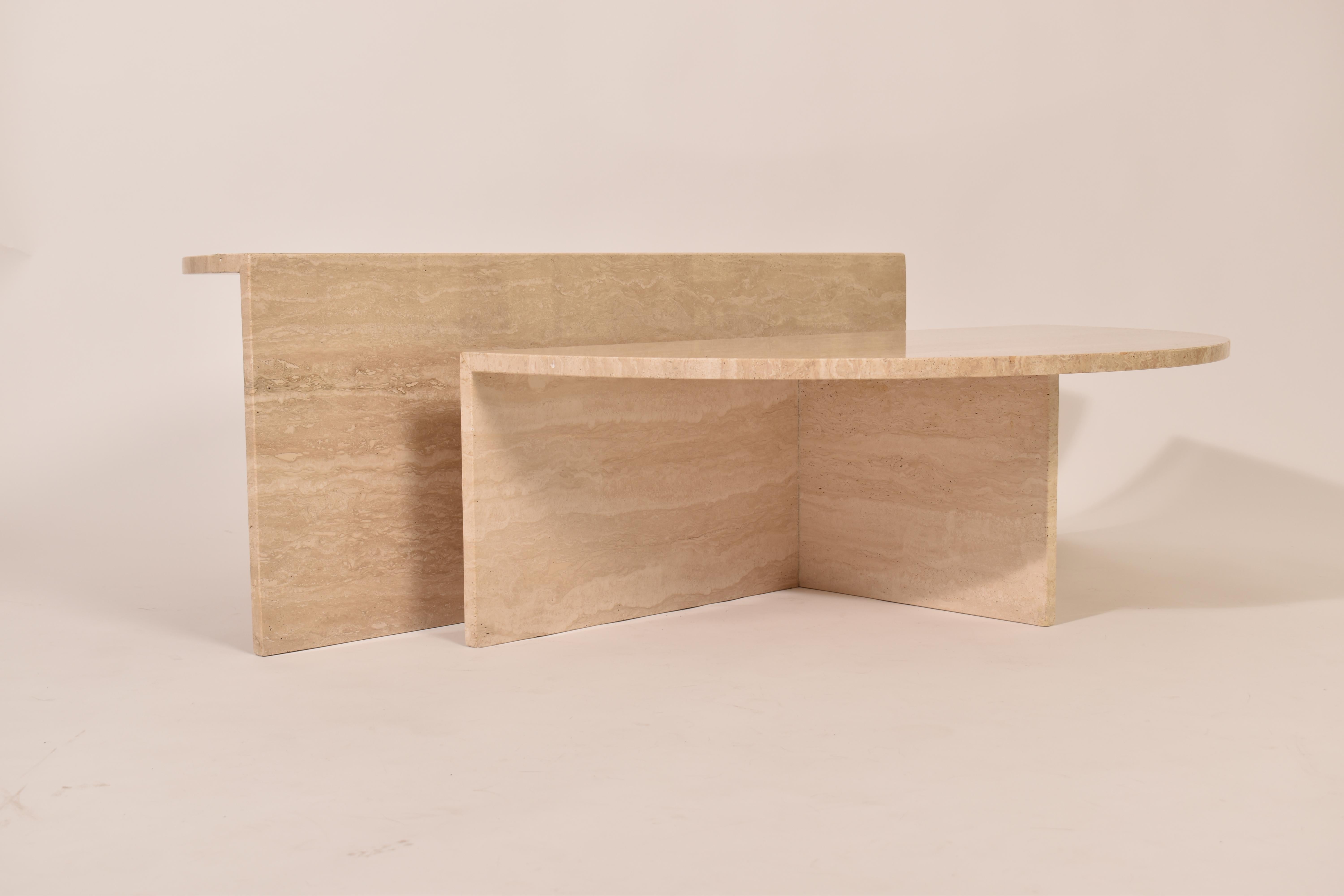 Post-Modern Set of Two Half Round Cream Travertine Coffee Tables by Up & Up, Italy, 1970