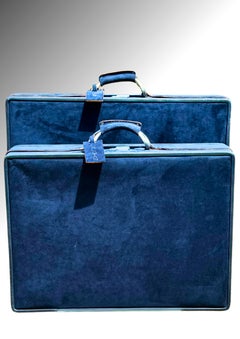 Set of Two HALSTON for Hartmann Luggage Blue Suede Motoring Suitcases with Keys