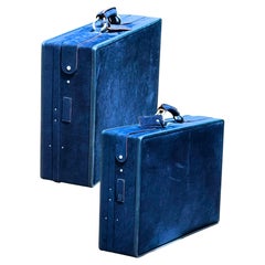 Set of Two HALSTON for Hartmann Luggage Blue Suede Motoring Suitcases with Keys