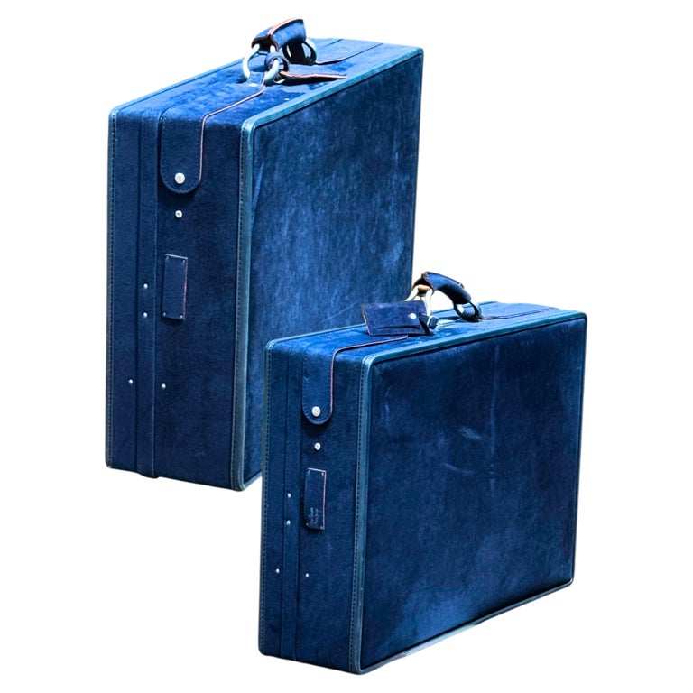 Set of Two Hartmann Luggage for HALSTON Blue Suede Motoring Suitcases with Keys
