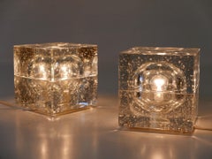 Set of Two Hand-Blown Ice-Glass Cube Table Lamps by Müller & Zimmer Germany