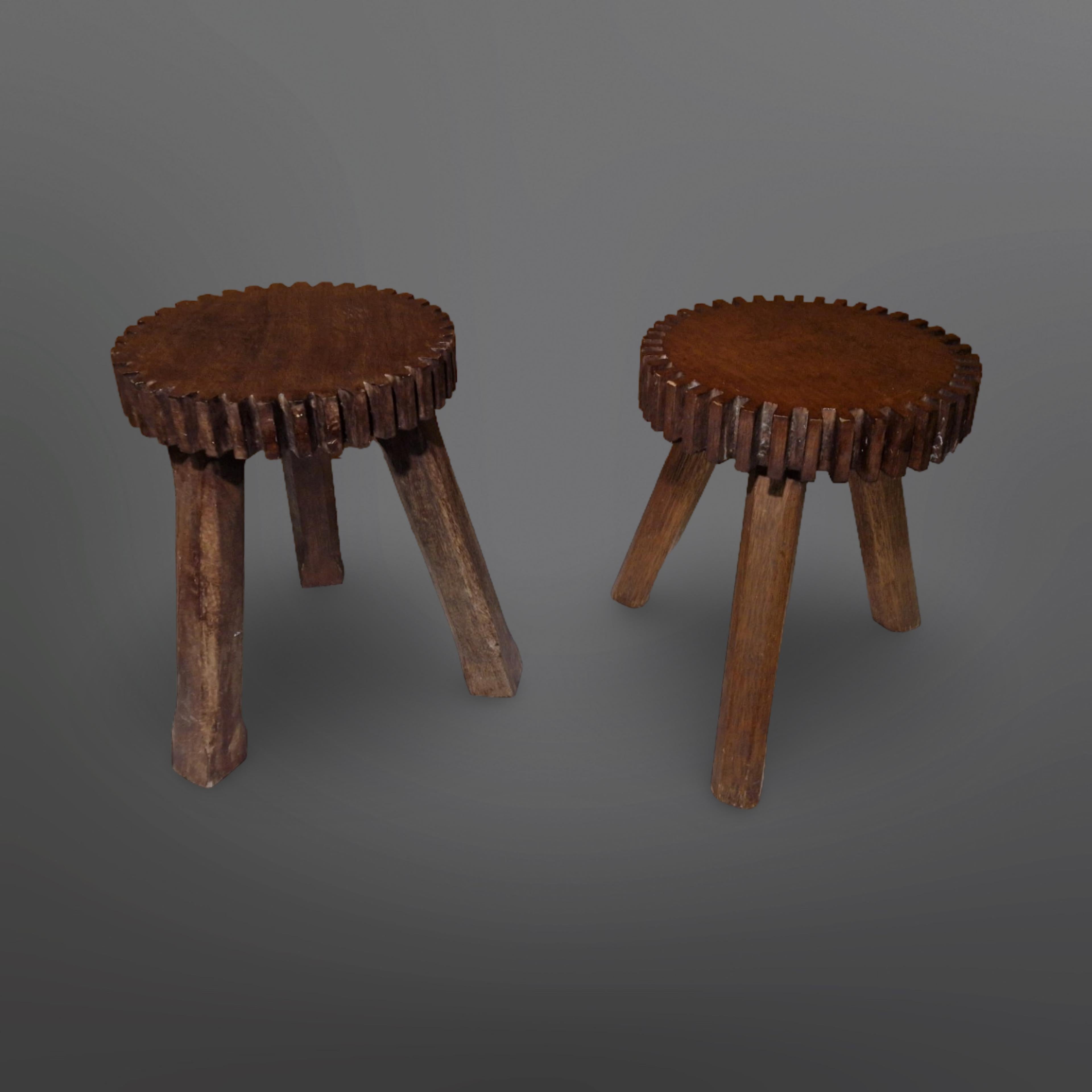 Brutalist Set of two hand carved brutalist stools, Netherlands 1950s For Sale