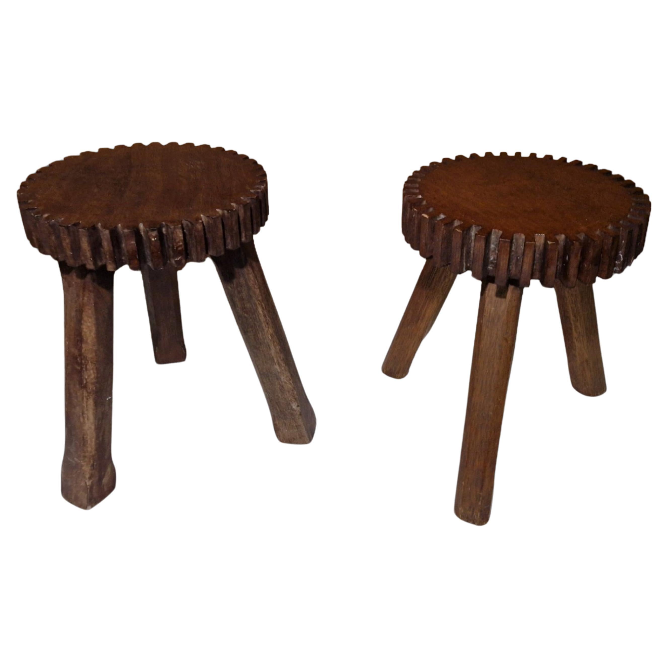 Set of two hand carved brutalist stools, Netherlands 1950s For Sale