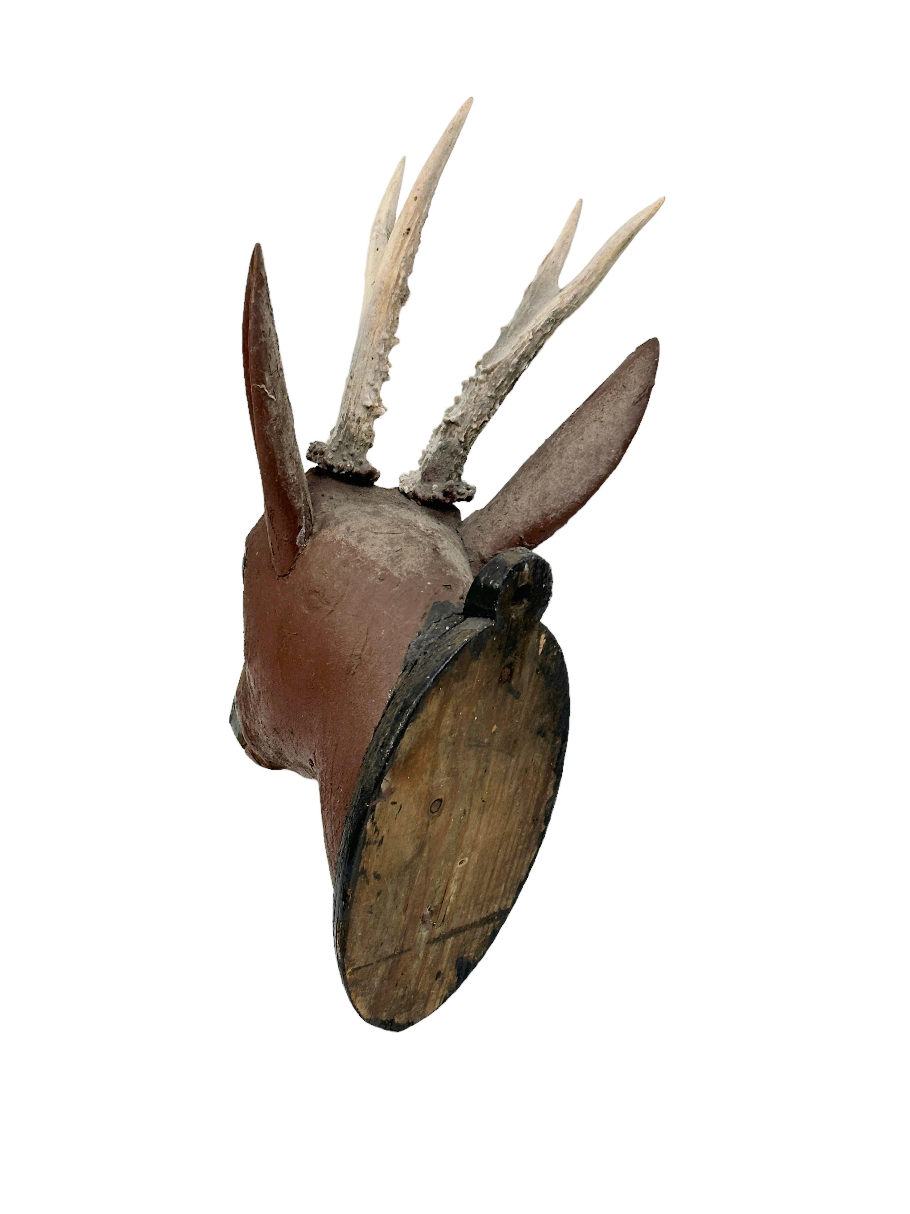 Wood Set of Two Hand Carved Folk Art Deer Head with Real Antlers, 19th Century For Sale